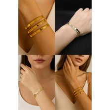 Sinerjim 2'Lİ Set - 3 Adet Kalın Ajda Bilezik, Balık Kılçığı Yassı Gold Kaplama Bileklik SNJ-SET1006