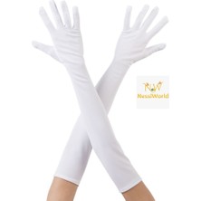 NW NessiWorld Beyaz Renk Dirseğe Kadar Uzun Kumaş Eldiven 40 cm
