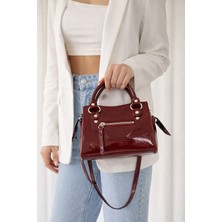 bahwar Parlak Rugan Bordo Mini El ve Omuz Çantası – Şık Günlük Kadın Çanta