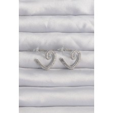 Aylina Mey Ithalat® Pirinç Gümüş Renk Zirkon Taşlı Kıvrımlı Yarım Kalp Küpe