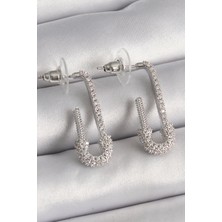 Aylina Mey Ithalat® Pirinç Gümüş Renk Zirkon Taşlı Çengelli Iğne Model Kadın Küpe