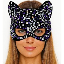 Vexor Siyah Kadife Kumaş Üzerine Mor Beyaz Payetli Pullu Parti Maskesi 16X14 cm