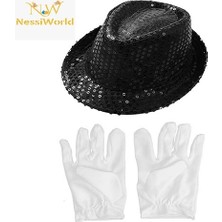 Aylina Mey Ithalat® Siyah Renk Payetli Çocuk Şapkası ve Beyaz Renk Çocuk Eldiveni