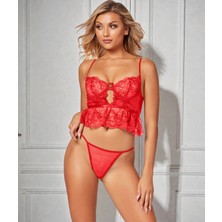 New Dreams Fantezi Dantel Peplum Bustier ve Tanga Takım, Kırmızı ve Siyah, Puantiyeli Tül Detaylı, Askılı Iç Giyim Seti