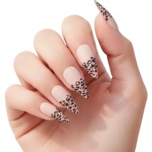 Eda Luxury Beauty 24'lü Nude Pembe Siyah Mat Takma Tırnak Seti Lüks Extra Uzun Çita Leopar Desenli Sivri Uçlu Stiletto Yapıştırıcılı False Nails Set