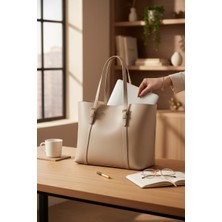 Rafiel Kadın Bej Deri Görünümlü Omuz Çantası - Şık Günlük Kol Çantası - Büyük Boy Tote Bag