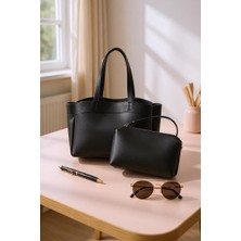 Rafiel Kadın Siyah Suni Deri Kol Çantası ve Portföy Çanta Seti (2'li Set)