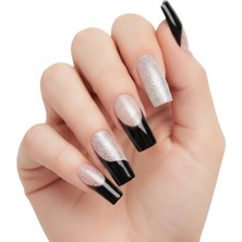 Eda Luxury Beauty 24'lü Siyah Gümüş Simli French Takma Tırnak Seti Lüks Parlak Desenli Extra Uzun Küt Kare Yapıştırıcılı False Nails Set
