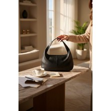 Rafiel Siyah Örme Deri Baget Omuz Çantası - El Işçiliği Lüks Hobo Çanta