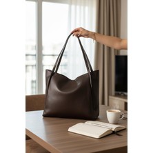 Rafiel Kadın Koyu Kahverengi Suni Deri Omuz Çantası - Büyük Boy Tote Çanta