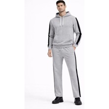 Glam Love Şeritli Eşofman Takım Kapüşonlu Sweatshirt Boru Paça Alt, Oversize 3 Iplik Pamuklu - Gri