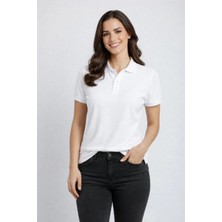 Glam Love Kadın Pike Kumaş Düğmeli Yaka Regular Rahat Günlük Kısa Kol Tişört T-Shirt - Beyaz