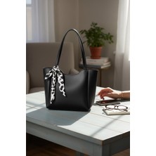 Rafiel Siyah Deri Görünümlü Klasik Tote Çanta - Twilly Eşarp Aksesuarlı Minimalist Çanta