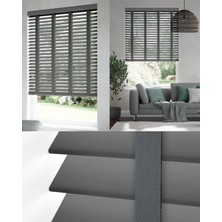 YS Perde Tasarım Wooden Blinds %100 Doğal Ahşap Jaluzi Perde , 50MM Alüminyum Kasalı Yüksek Kaliteli - Koyu Gri Kurdelalı QHKG-V462