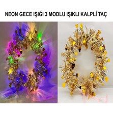 Aylina Mey Ithalat® Kalp Püsküllü Gece Parıltısı 3 Modlu LED Li Işıklı Taç Altın Renk