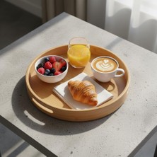 Hype Store Taşıma Kulplu Yuvarlak Bambu Tepsi (30 Cm) | Doğal Ahşap Servis Tepsisi | Kahve, Kahvaltı ve Dekorat