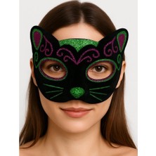 Vexor Siyah Kadife Kaplama Üzeri Pembe Yeşil Sim Işlemeli Kedi Maskesi 20X13 cm