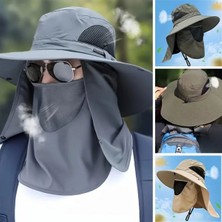 EkoAlışverişDünyam Güneş Koruyuculu Nefes Alabilen Maskeli ve Boyun Kapaklı Geniş Kenarlı Balıkçı Şapkası (5510)