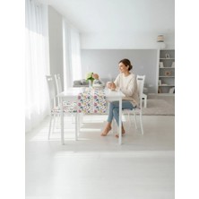 Suluboya Çiçek Desen , Dijital Baskı , Çift Taraflı , Süngerli Fermuarlı 4 Adet Sandalye Minder ve 1 Runner Mutfak Bahçe Yemek Masası 5li Set