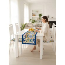 Çini Desen , Dijital Baskı , Çift Taraflı , Süngerli Fermuarlı 4 Adet Sandalye Minderi ve 1 Runner Mutfak Bahçe Yemek Masası 5li Set