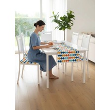 Geometrik Desen , Dijital Baskı , Çift Taraflı , Süngerli Fermuarlı 4 Adet Sandalye Minderi ve 1 Runner Mutfak Bahçe Yemek Masası 5li Set