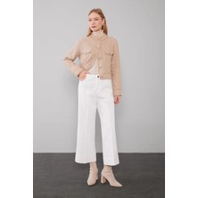 Levidor Optik Beyaz Katlı Paçalı Wideleg Pantolon