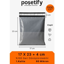 Poşetify Cepli Kargo Poşeti | 17x23x4 cm | 1000 Adet | Gri | 80 Mikron | Küçük Boy | Kalın | İç Göstermez