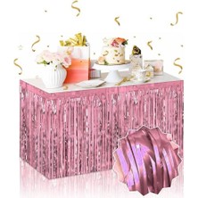 Vexor Kendinden Yapışkanlı Rose Gold Metalize Püsküllü Masa Eteği – 75 x 275 cm Parti Süslemesi