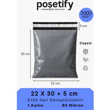 Poşetify Cepsiz Kargo Poşeti | 22x30x5 cm | 2000 Adet | Gri | 80 Mikron | Küçük Boy | Kalın | İç Göstermez