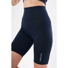 Glam Love Yüksek Bel Fitilli Biker Baskılı Şort - Lacivert