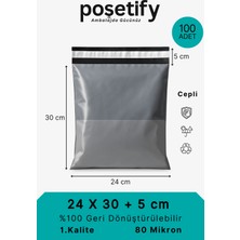 Poşetify Cepli Kargo Poşeti | 24x30x5 cm | 100 Adet | Gri | 80 Mikron | Küçük Boy