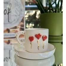 Nof El Yapımı Seramik Gerçek 24K Altın Dekorlu Kırmızı Kalp Balonu Türk Kahvesi Fincanı