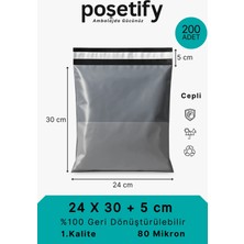 Poşetify Cepli Kargo Poşeti | 24x30x5 cm | 200 Adet | Gri | 80 Mikron | Küçük Boy