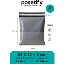 Poşetify Cepli Kargo Poşeti | 24x30x5 cm | 25 Adet | Gri | 80 Mikron | Küçük Boy