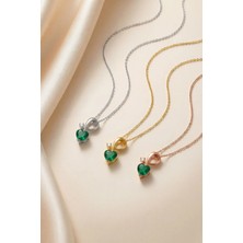 Evas Jewellery 925 Ayar Gümüş Kalp Kesim Zümrüt Kolye – Doğal Pırlantalı – 14 Ayar Altın & Rose Kaplama