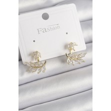 Ramia Pirinç Gold Renk Zirkon Taşlı Yaprak Model Kadın Küpe - TJ-BKP9866