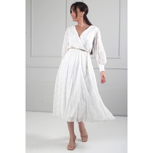 By Saygı Kadın Kruvaze Yaka Astarlı Uzun Kol Dantel Midi Elbise