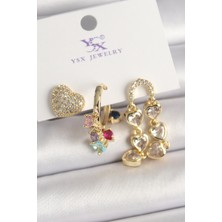 Ramia Pirinç Gold Renk Sallantı Zirkon Taşlı Kalp Model 3'lü Kadın Kombin Küpe - TJ-BKP10469