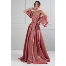 By Saygı Kadın Straplez Balon Kollu Astarlı Pileli Cepli Tafta Uzun Elbise