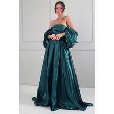 By Saygı Kadın Straplez Balon Kollu Astarlı Pileli Cepli Tafta Uzun Elbise