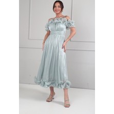 By Saygı Kadın Şifon Kumaş Volan Detaylı Midi Elbise