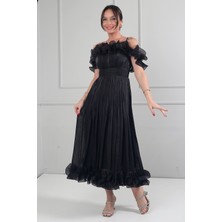 By Saygı Kadın Şifon Kumaş Volan Detaylı Midi Elbise