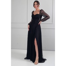 By Saygı Kadın Kalp Yaka Ön Kısmı Korse Detaylı Bağcıklı Astarlı Çiçek Desen Dantel Tül Uzun Elbise