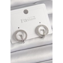 Ramia Pirinç Gümüş Renk Zirkon Taşlı Halka Model Kadın Küpe - TJ-BKP9924