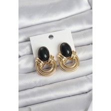 Ramia Pirinç Gold Renk Siyah Taşlı Vintage Kadın Küpe - TJ-BKP11678