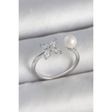 Ramia Pirinç Gümüş Renk Zirkon Taşlı Çiçek Model Inci Detay Ayarlanabilir Kadın Yüzük - TJ-BYK3726