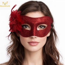 NW Nessi World Kırmızı Simli Tüylü Balo Maskesi – Kadın Parti &amp; Maskeli Balo Maskesi