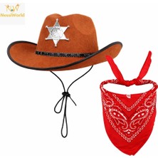 NW Nessi World Çocuk Kovboy Şapka Rozetli Kahverengi &amp; Kırmızı Bandana Seti