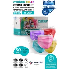 Medizer Full Ultrasonik Cerrahi Ağız Maskesi 3 Katlı 50 Adet  Burun Telli  Color Serisi