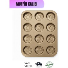 Van Vleck Çiçek Desenli 12 Bölmeli Muffin & Kek Kalıbı – Yapışmaz Cupcake ve Mini Kek Fırın Kalıbı